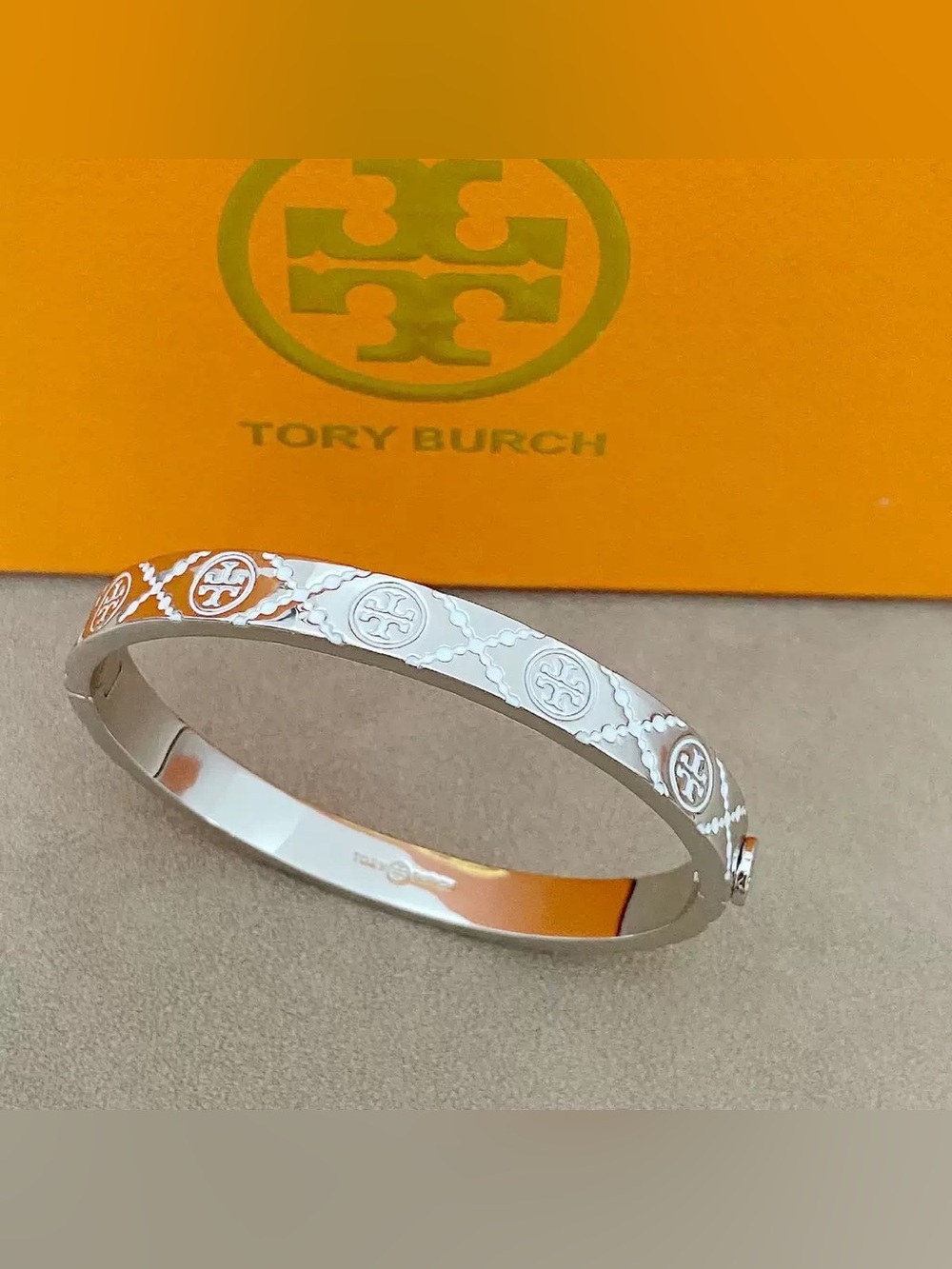 Tory Burch Silver White Line Monogram Logo  Bangle